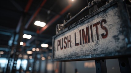 Motivational gym sign reading 'Push Limits' in a modern fitness facility with dark ambiance