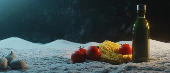 Vibrant noodles, tomatoes, and garlic composition