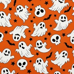 Seamless pattern of cute cartoon ghosts and skulls on an orange background with stars and bats, perfect for halloween decorations and textiles