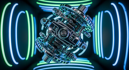 Intricate metallic mechanism with glowing neon blue and green light trails, evoking futuristic technology and complex engineering innovation.