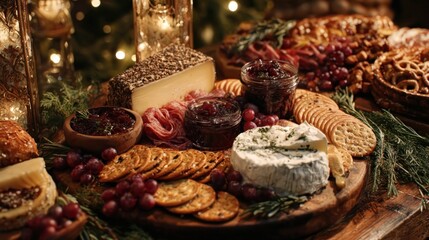 A beautifully arranged charcuterie board featuring holiday-themed cheeses, jams, and crackers,