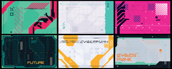 Modern cyberpunk poster set. Futuristic Abstract HUD. Sci fi backgrounds for streaming. Vector Illustration EPS10
