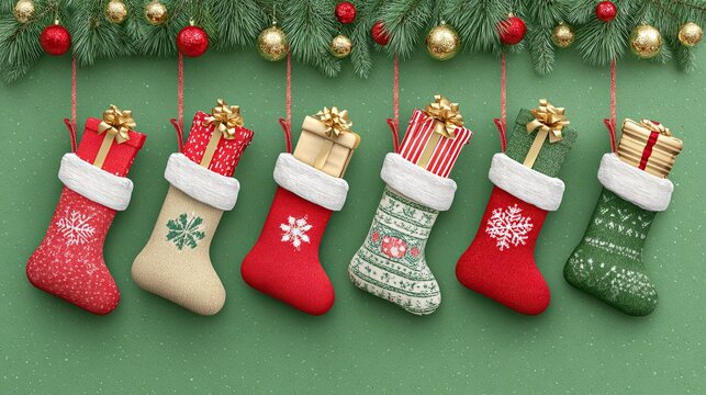 Christmas stockings filled with wrapped gifts and golden bows hanging with pine and ornaments decor