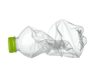 Crushed plastic bottle with green cap on black background