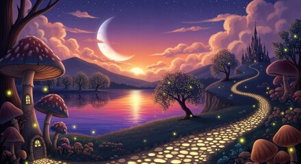 Enchanting fantasy landscape with crescent moon and glowing path