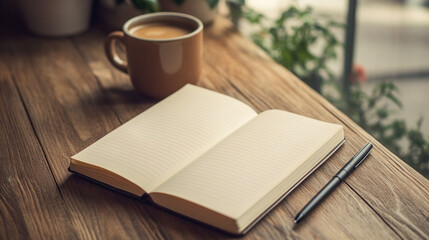 Fototapeta premium Open notebook with pen and coffee cup on wooden table 