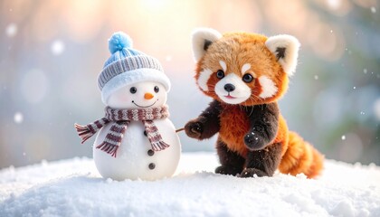 雪だるまをつくるレッサーパンダ