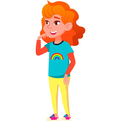 Cartoon illustration of a young girl with bright orange curly hair wearing a blue t-shirt with a rainbow graphic and yellow pants standing confidently against a transparent background