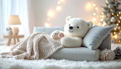 ソファに寝転がり寛ぐシロクマ・年末年始のリラックスタイム