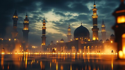 Naklejka premium Hajj Scene with Mecca and Lanterns