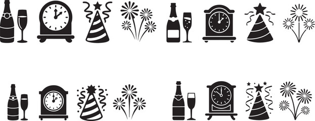 New year s eve celebration elements including champagne bottles glasses clocks party hats and fireworks in a repeating pattern