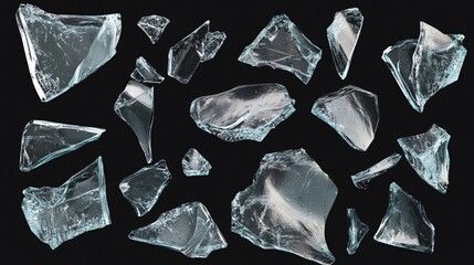 Fragments of shattered glass on clear surface