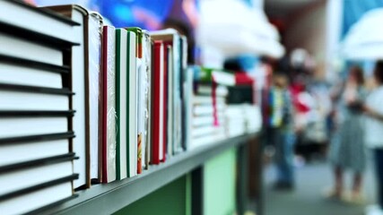 Bookshelf with various publications at a busy book fair exhibition