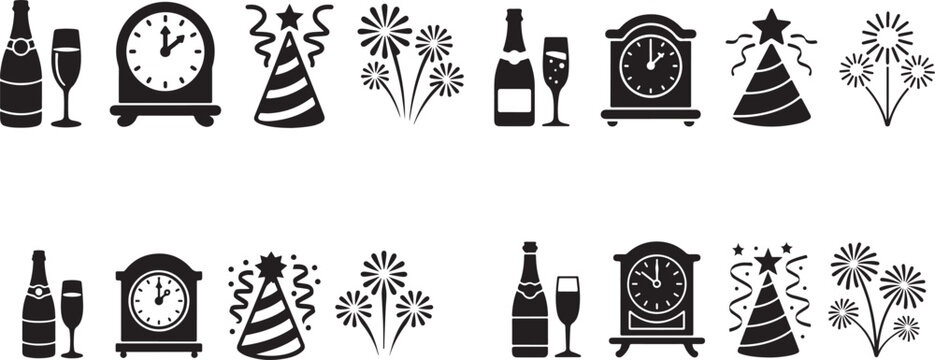 New year s eve celebration elements including champagne bottles glasses clocks party hats and fireworks in a repeating pattern