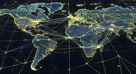 Global Trade Network - Glowing Interconnected Circuit Board World Map