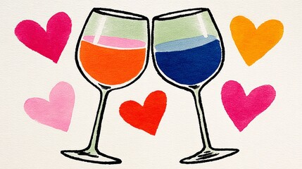 Two wine glasses clinking together with colorful hearts in the background