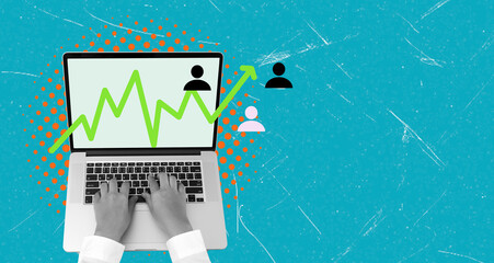 Art collage, Growth in digital marketing illustrated by data analysis and user engagement on a...