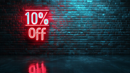 Neon sign displaying 10% off on brick wall background  