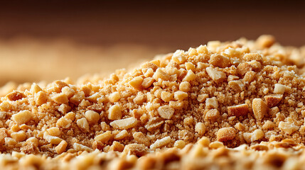 Crunchy peanut crumb topping in closeup with golden brown texture and warm lighting, inviting and appetizing for dessert or baking concepts