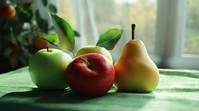 Vibrant Red and Green Apples with Fresh Pear on Green Table - Powered by Adobe