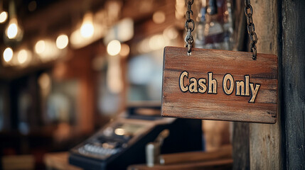 Cash only wooden sign hanging in rustic coffee shop interior  