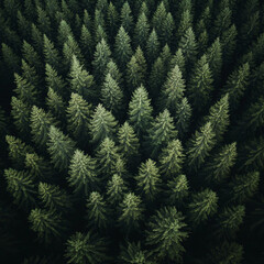 Aerial view of green pine tree forest in symmetrical patterns  