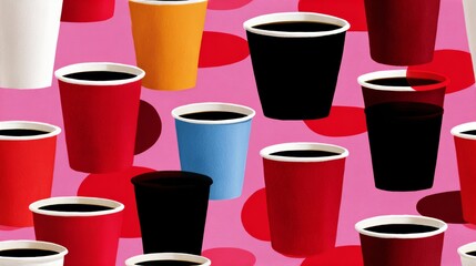 A colorful pattern featuring various coffee cups in red, black, blue, white, and yellow against a pink background with polka dots