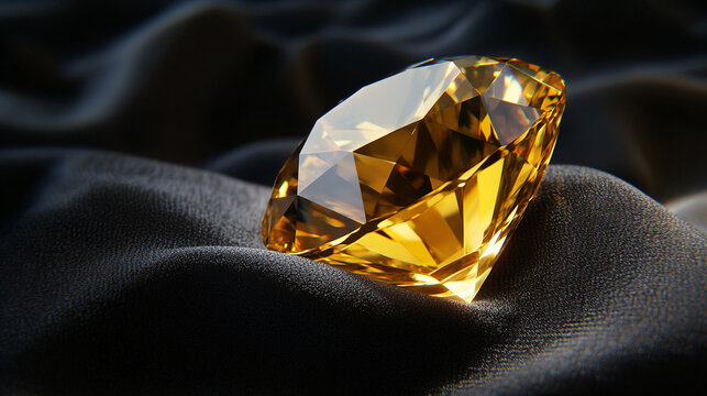 Yellow diamond gemstone on black satin fabric background  