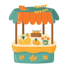 Obraz premium Local food market stall with fruits and vegetables. Organic farm products on counter for sale. Autumn outdoor fair. Flat vector illustration in cartoon style.