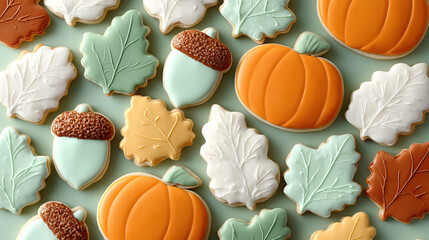 Decorated autumn sugar cookies shaped like pumpkins, acorns, and leaves in pastel orange, green, white, and tan icing, arranged flat on mint background evoking cozy seasonal celebration