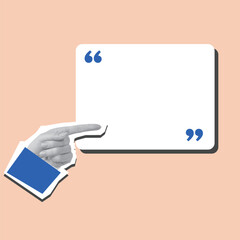Naklejka premium Minimal cutout collage design with hand pointing toward blank white quote box on beige background, modern creative layout for text, social media, or graphic design use