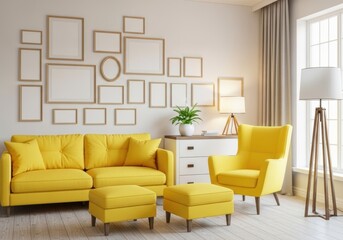 Bright yellow living room with a sofa armchair and gallery wall