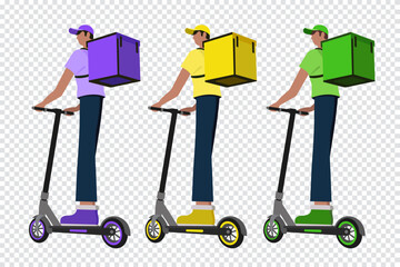 Online delivery service. Man on an electric scooter with a backpack on his back. Flat cartoon vector illustration on isolated background