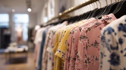 Fototapeta premium Colorful floral dresses hanging in a chic boutique showcasing stylish women's fashion