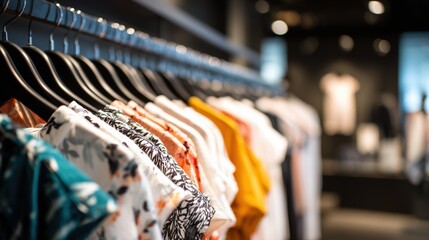 Obraz premium Colorful clothing on hangers displayed in a modern retail store with a stylish ambiance