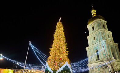 The main Christmas tree next to Saint Sophia's Cathedral in Kyiv, Ukraine.