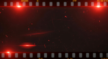 Dynamic film strip frame featuring intense red lens flares and scattered dust particles, an abstract cinematic background with energetic light effects