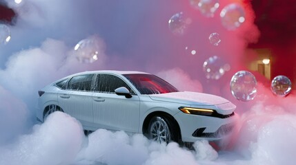 A white car in a dramatic setting with bubbles and fog, showcasing a modern design