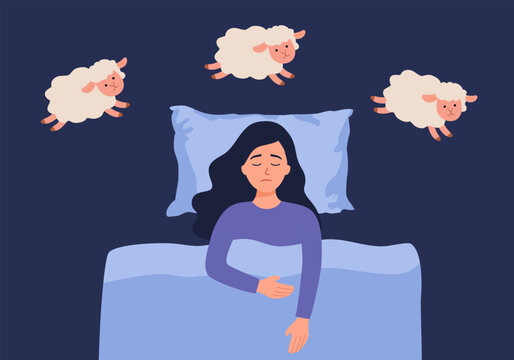 Little Girl Counting Sheep for Better Sleep Vector Illustration. Unhappy child feeling sleepy and fatigued