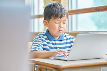 Fototapeta premium ノートパソコンでオンライン学習をする小学生の男の子