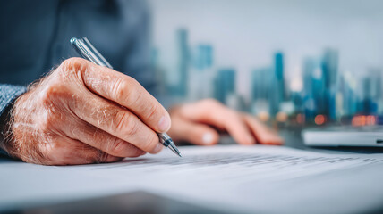 Hand signing a formal document as a symbol of contract agreement legal approval and responsible compliance in business.
