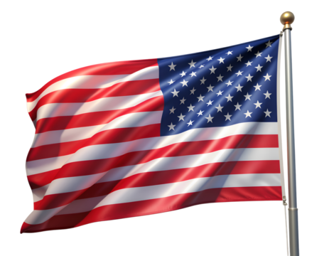 Waving American Flag in the Breeze: The Stars and Stripes wave proudly in the wind, a powerful symbol of unity and freedom. A moment of national pride, full of symbolism and strength.