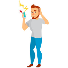Distressed Man Holding Phone With Lightning Bolt And Red Starburst Symbols Indicating Stress Or Bad News Against White Background