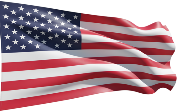 United States Flag in Gentle Breeze: The iconic American flag billows gracefully, its stars and stripes a vibrant symbol of freedom and national pride. The flag dances in the wind. 