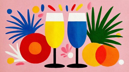 A vibrant and colorful illustration featuring two champagne glasses, one yellow and one blue, surrounded by tropical leaves and abstract shapes on a pink background