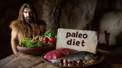 A still life with paleo foods: meat, fish, nuts, herbs, and fruit on wooden plates. The background, featuring a man in a fur coat, enhances the prehistoric atmosphere.