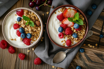 Bol de yaourt au granola et fruits rouges sur table en bois rustique, vue du dessus