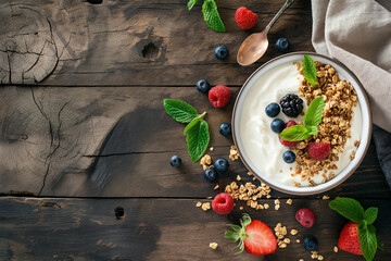 Bol de yaourt au granola et fruits rouges sur table en bois rustique, vue du dessus