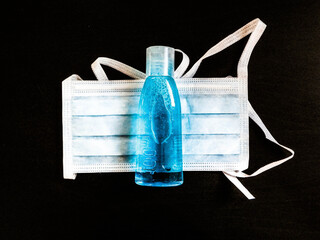 Antibacterial fluid and mask. Coronavirus protection kit.