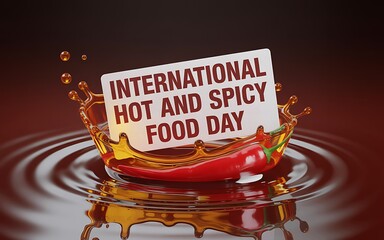 International hot and spicy food day celebration with chili pepper splashing in liquid